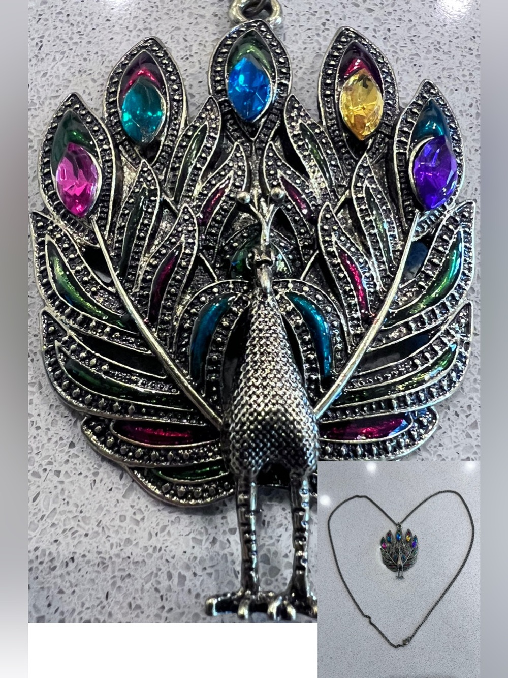 Peacock Necklace Multicolored Pendant Brass Tone Zoom in on Beautiful Detail